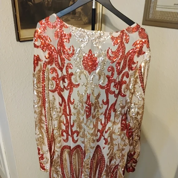 Southern Fried Chics Women's Size XXXL Red & Gold Sequin Duster Kimono - Picture 4 of 8